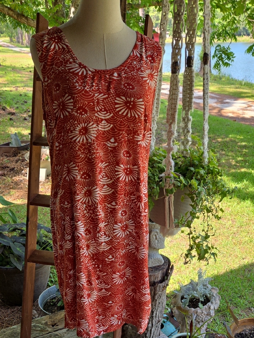 Blue Hand Burnt Orange Sleeveless Midi Shift Dress Size Medium